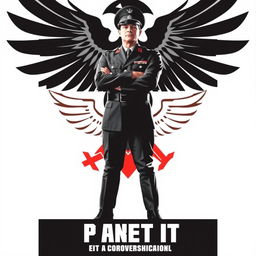 A striking poster featuring a charismatic figure reminiscent of a fascist style aesthetic, with bold, dynamic angles and dramatic lighting