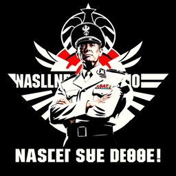 A striking poster featuring a charismatic figure reminiscent of a fascist style aesthetic, with bold, dynamic angles and dramatic lighting