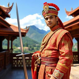 A young Prithvi Narayan Shah standing confidently in a traditional Nepali palace