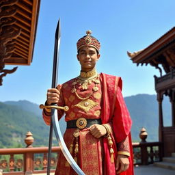 A young Prithvi Narayan Shah standing confidently in a traditional Nepali palace