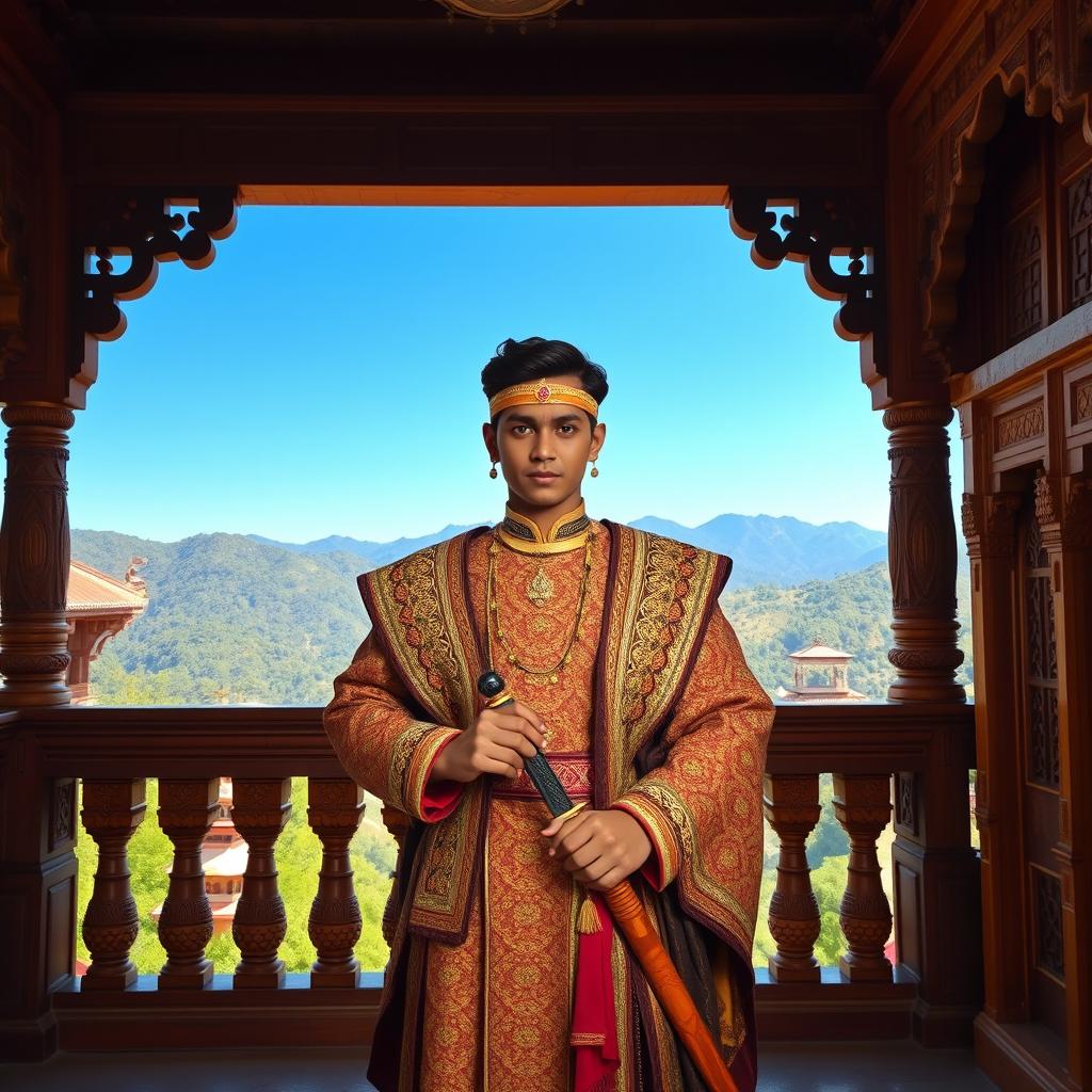 A young Prithvi Narayan Shah standing confidently in a traditional Nepali palace