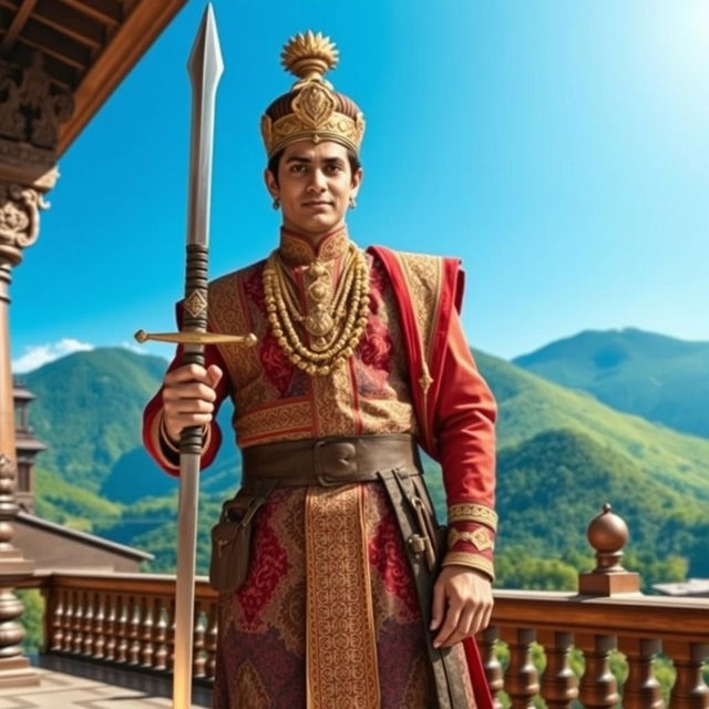 A young Prithvi Narayan Shah standing confidently in a traditional Nepali palace