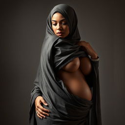 An artistic and elegant representation of a curvy woman wearing a hijab, her figure accentuated with a focus on sensuality and beauty