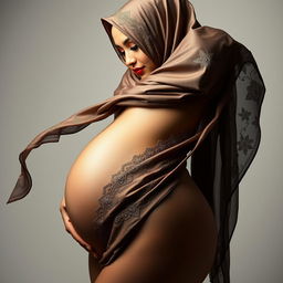 An artistic and elegant representation of a curvy woman wearing a hijab, her figure accentuated with a focus on sensuality and beauty