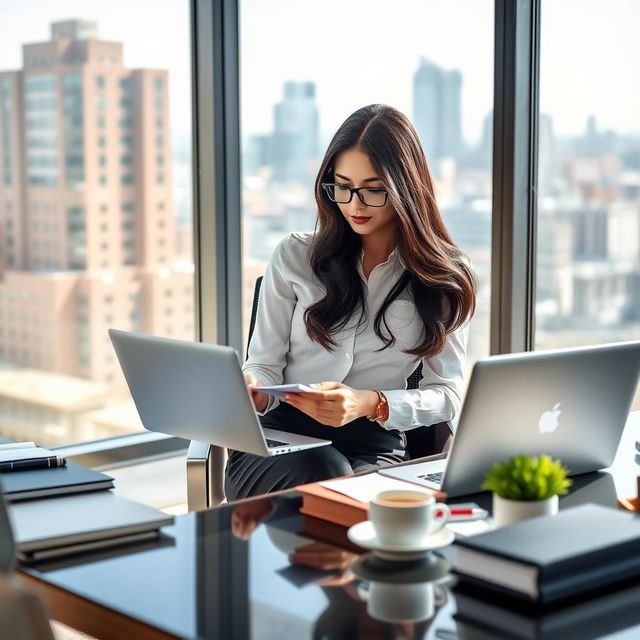 A stylish female secretary sitting at her desk in a modern office environment, dressed in a fitted pencil skirt and a crisp white blouse