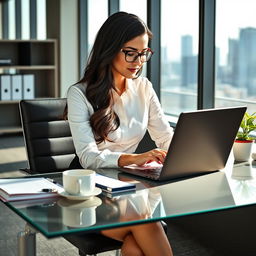 A stylish female secretary sitting at her desk in a modern office environment, dressed in a fitted pencil skirt and a crisp white blouse