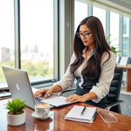 A stylish female secretary sitting at her desk in a modern office environment, dressed in a fitted pencil skirt and a crisp white blouse