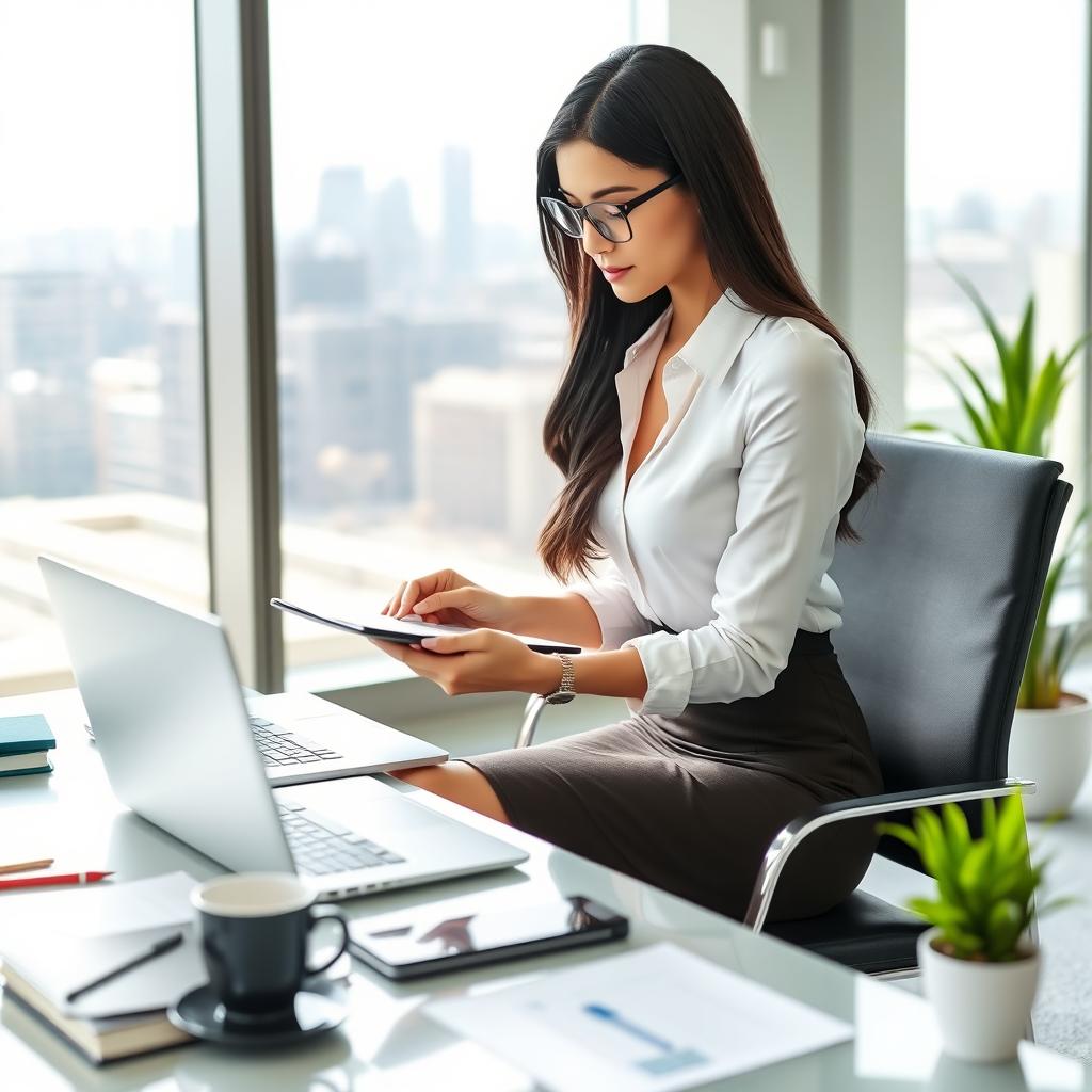 A stylish female secretary sitting at her desk in a modern office environment, dressed in a fitted pencil skirt and a crisp white blouse