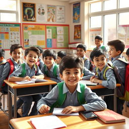 A vibrant scene depicting a group of Iranian schoolboys engaged in various activities in a classroom, showcasing their camaraderie and joy