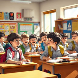 A vibrant scene depicting a group of Iranian schoolboys engaged in various activities in a classroom, showcasing their camaraderie and joy