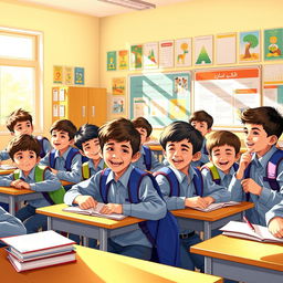 A vibrant scene depicting a group of Iranian schoolboys engaged in various activities in a classroom, showcasing their camaraderie and joy