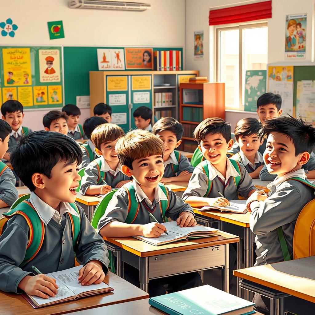 A vibrant scene depicting a group of Iranian schoolboys engaged in various activities in a classroom, showcasing their camaraderie and joy