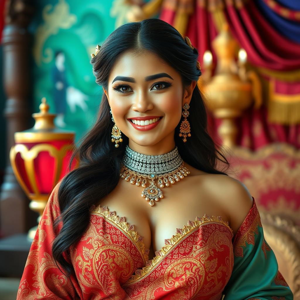 A stunningly beautiful Indonesian woman with very large breasts, dressed in luxurious clothing that signifies wealth and elegance