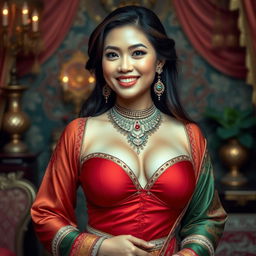 A stunningly beautiful Indonesian woman with very large breasts, dressed in luxurious clothing that signifies wealth and elegance