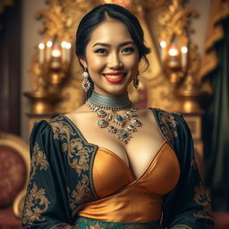 A stunningly beautiful Indonesian woman with very large breasts, dressed in luxurious clothing that signifies wealth and elegance