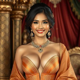 A stunningly beautiful Indonesian woman with very large breasts, dressed in luxurious clothing that signifies wealth and elegance