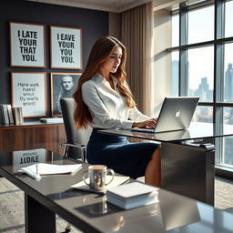 A stylish office scene featuring a professional secretary sitting at a sleek modern desk