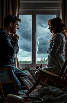 A dramatic scene depicting a couple facing emotional turmoil in a toxic relationship, set in a dimly lit room