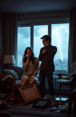 A dramatic scene depicting a couple facing emotional turmoil in a toxic relationship, set in a dimly lit room