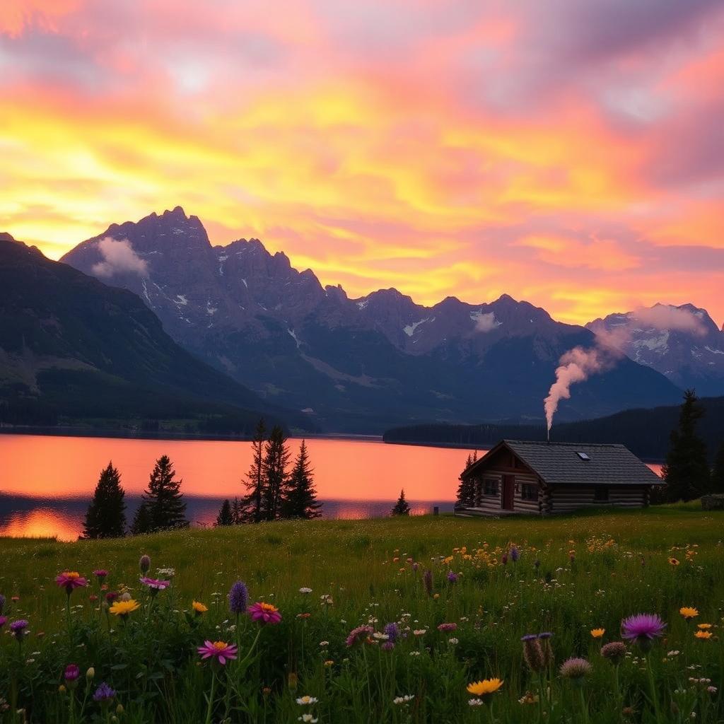 A serene mountain landscape at sunset, featuring a tranquil lake reflecting the vibrant orange and pink hues of the sky