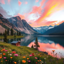 A serene mountain landscape at sunset, featuring a tranquil lake reflecting the vibrant orange and pink hues of the sky
