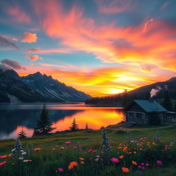 A serene mountain landscape at sunset, featuring a tranquil lake reflecting the vibrant orange and pink hues of the sky