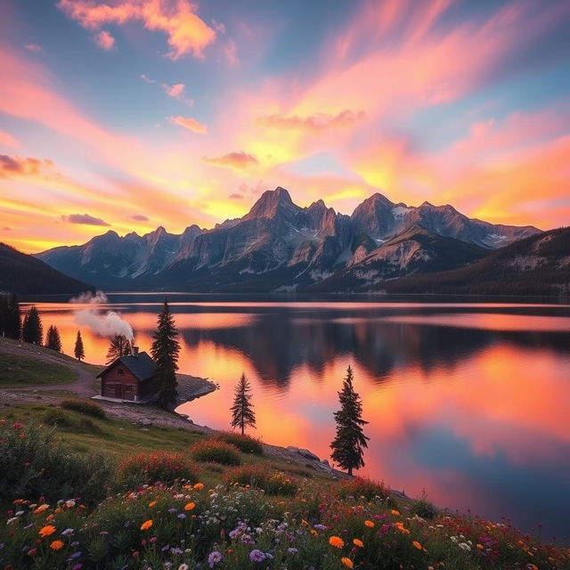 A serene mountain landscape at sunset, featuring a tranquil lake reflecting the vibrant orange and pink hues of the sky