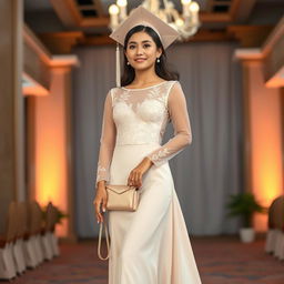 A stylish modern Filipiniana graduation outfit that is elegant and demure, featuring a fitted bodice with delicate embroidery and sheer long sleeves made from luxurious fabric