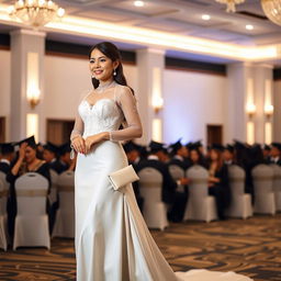 A stylish modern Filipiniana graduation outfit that is elegant and demure, featuring a fitted bodice with delicate embroidery and sheer long sleeves made from luxurious fabric