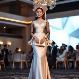 A stylish modern Filipiniana graduation outfit that is elegant and demure, featuring a fitted bodice with delicate embroidery and sheer long sleeves made from luxurious fabric