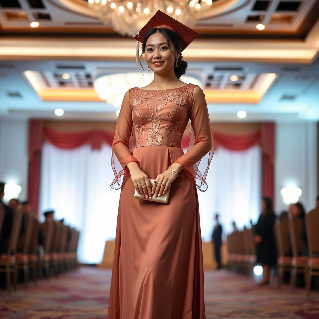 A stylish modern Filipiniana graduation outfit that is elegant and demure, featuring a fitted bodice with delicate embroidery and sheer long sleeves made from luxurious fabric