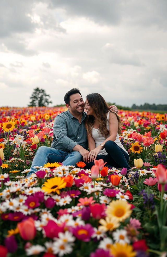 A romantic couple sitting closely together in a vibrant flower bed, surrounded by a plethora of colorful flowers in full bloom