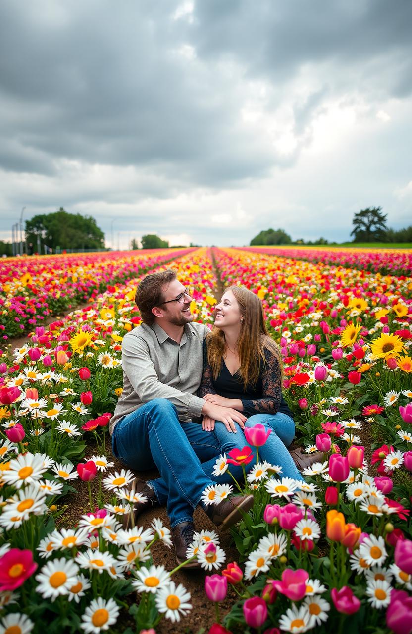 A romantic couple sitting closely together in a vibrant flower bed, surrounded by a plethora of colorful flowers in full bloom