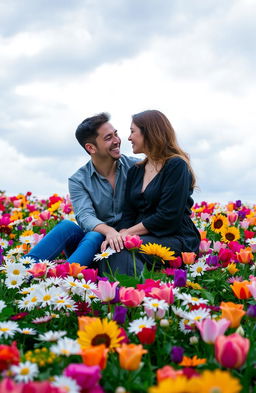 A romantic couple sitting closely together in a vibrant flower bed, surrounded by a plethora of colorful flowers in full bloom