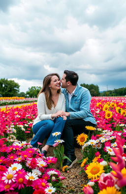 A romantic couple sitting closely together in a vibrant flower bed, surrounded by a plethora of colorful flowers in full bloom