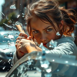 A girl with brown eyes and brown hair, fiercely smashing a car windshield with a wooden stick