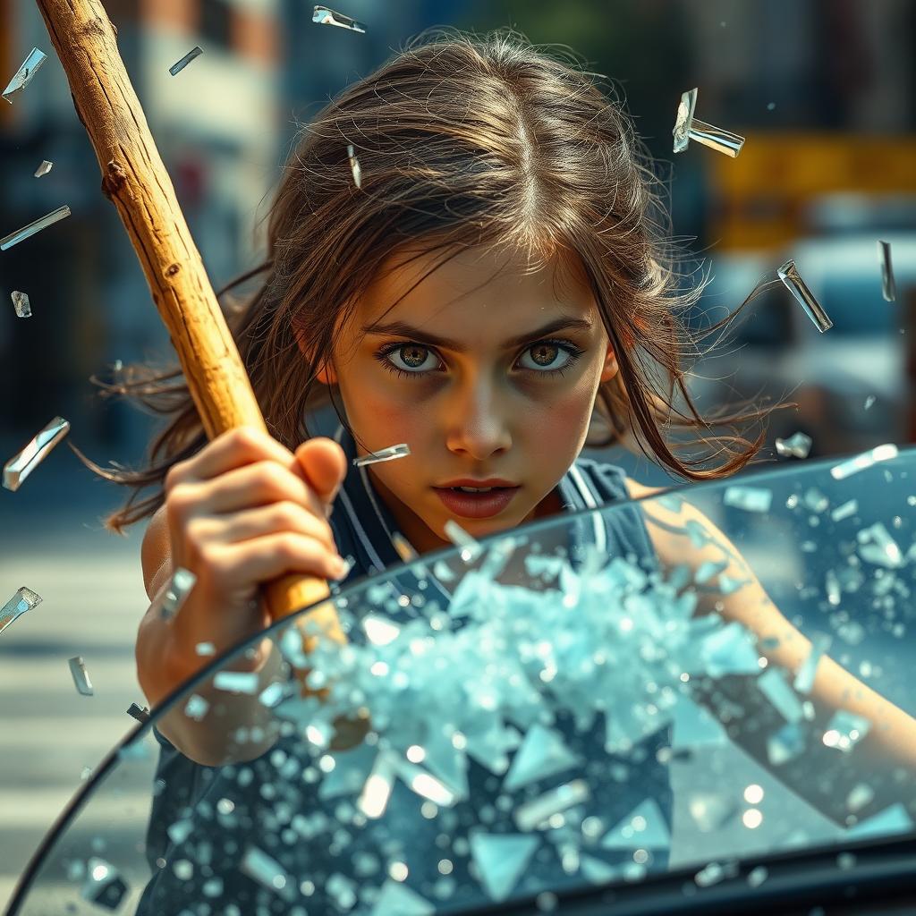 A girl with brown eyes and brown hair, fiercely smashing a car windshield with a wooden stick