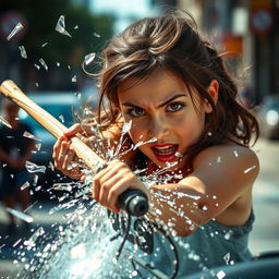 A girl with brown eyes and brown hair, fiercely smashing a car windshield with a wooden stick