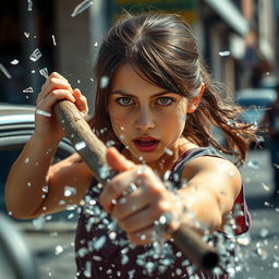 A girl with brown eyes and brown hair, fiercely smashing a car windshield with a wooden stick