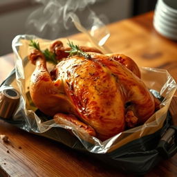A whole roasted chicken beautifully presented inside a grill bag, showcasing the flavorful golden-brown skin, juicy meat, and aromatic herbs