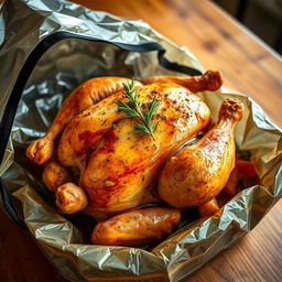 A whole roasted chicken beautifully presented inside a grill bag, showcasing the flavorful golden-brown skin, juicy meat, and aromatic herbs