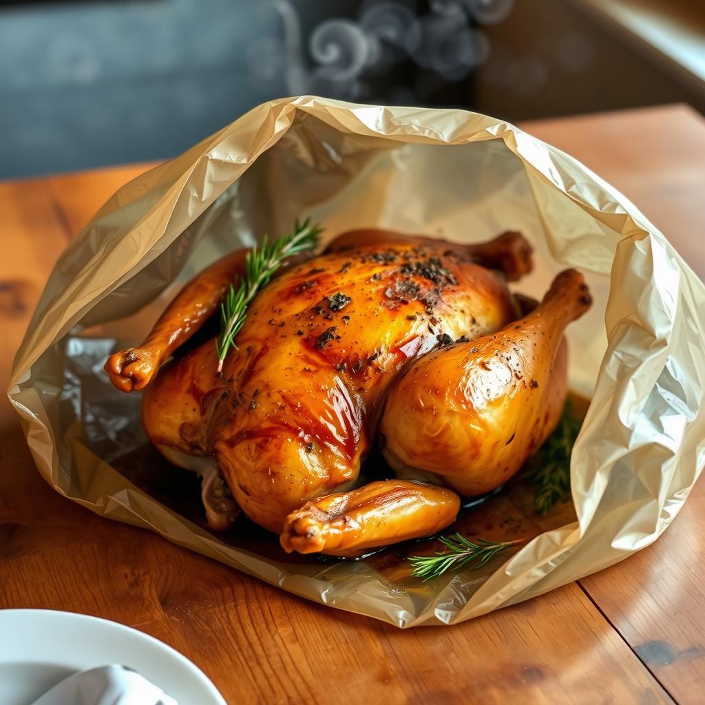 A whole roasted chicken beautifully presented inside a grill bag, showcasing the flavorful golden-brown skin, juicy meat, and aromatic herbs