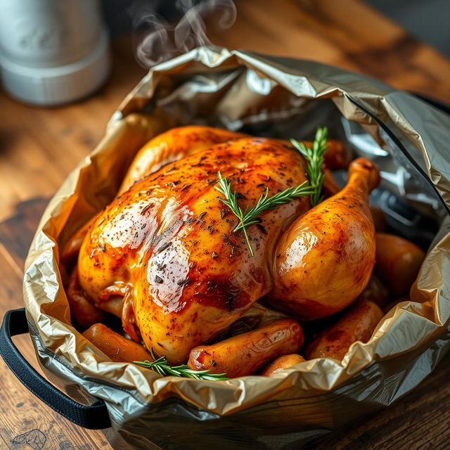 A whole roasted chicken beautifully presented inside a grill bag, showcasing the flavorful golden-brown skin, juicy meat, and aromatic herbs