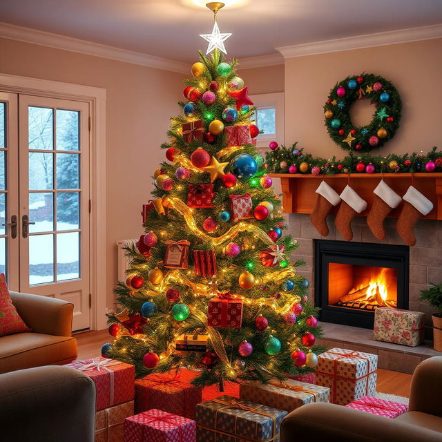 A vibrant, beautifully decorated Christmas tree in a cozy living room