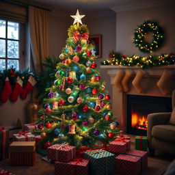 A vibrant, beautifully decorated Christmas tree in a cozy living room