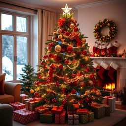 A vibrant, beautifully decorated Christmas tree in a cozy living room