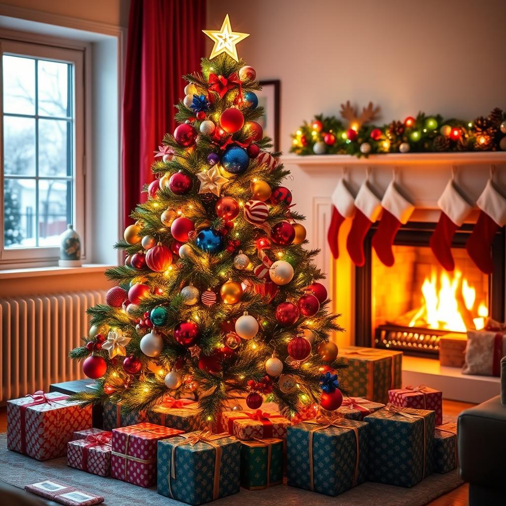 A vibrant, beautifully decorated Christmas tree in a cozy living room