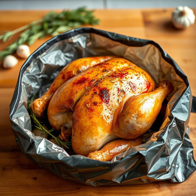 A whole roasted chicken placed carefully inside a grill bag, glistening with golden brown skin, surrounded by herbs and spices