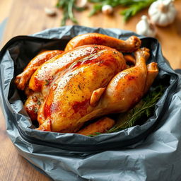 A whole roasted chicken placed carefully inside a grill bag, glistening with golden brown skin, surrounded by herbs and spices