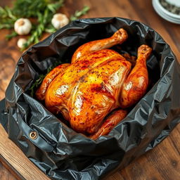 A whole roasted chicken placed carefully inside a grill bag, glistening with golden brown skin, surrounded by herbs and spices
